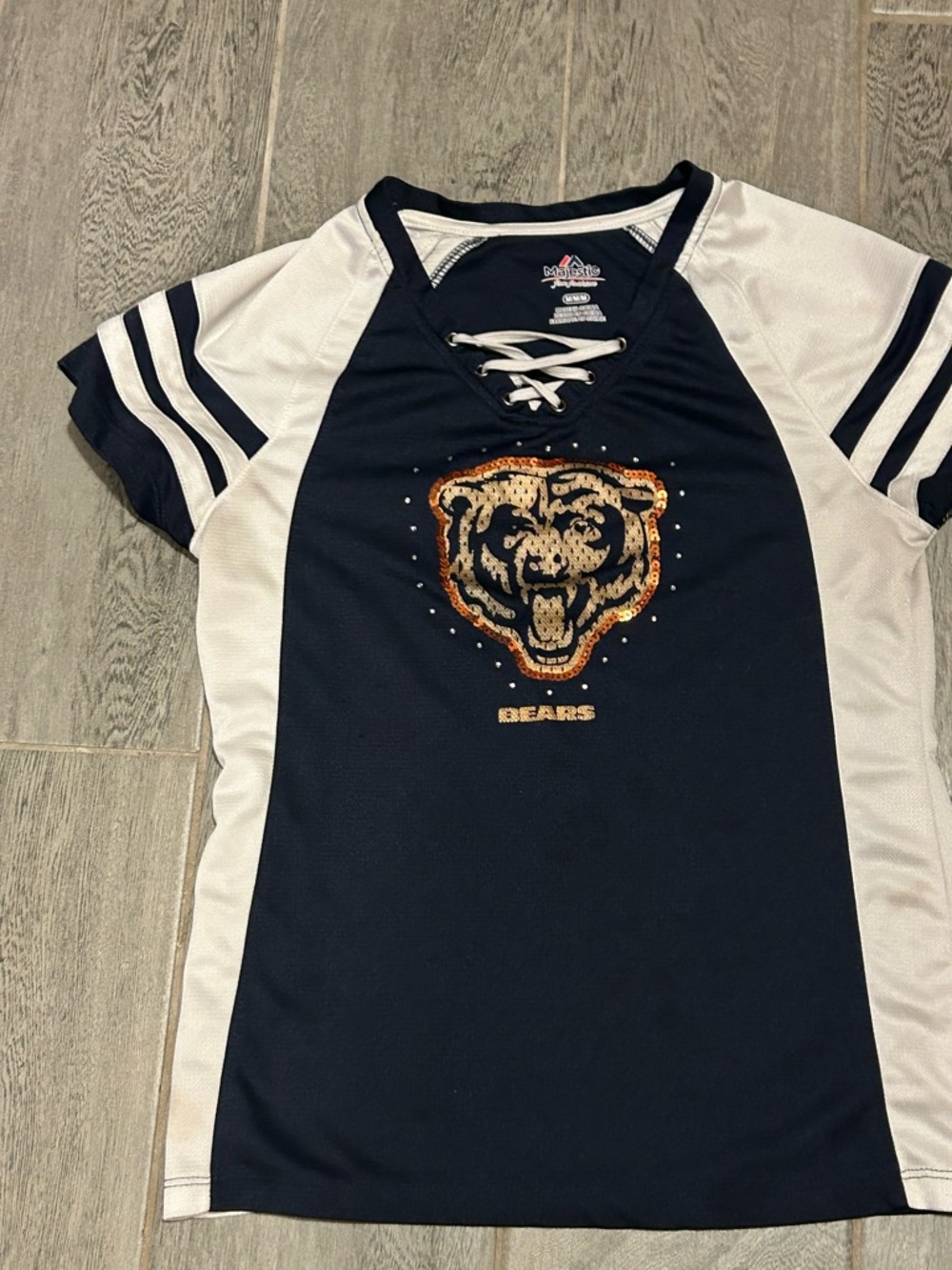 Majestic Navy and White Lace-Up Bears Sequin Jersey -Size medium